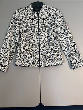 Peck & Peck Black and White Damask Zip-Front Blazer